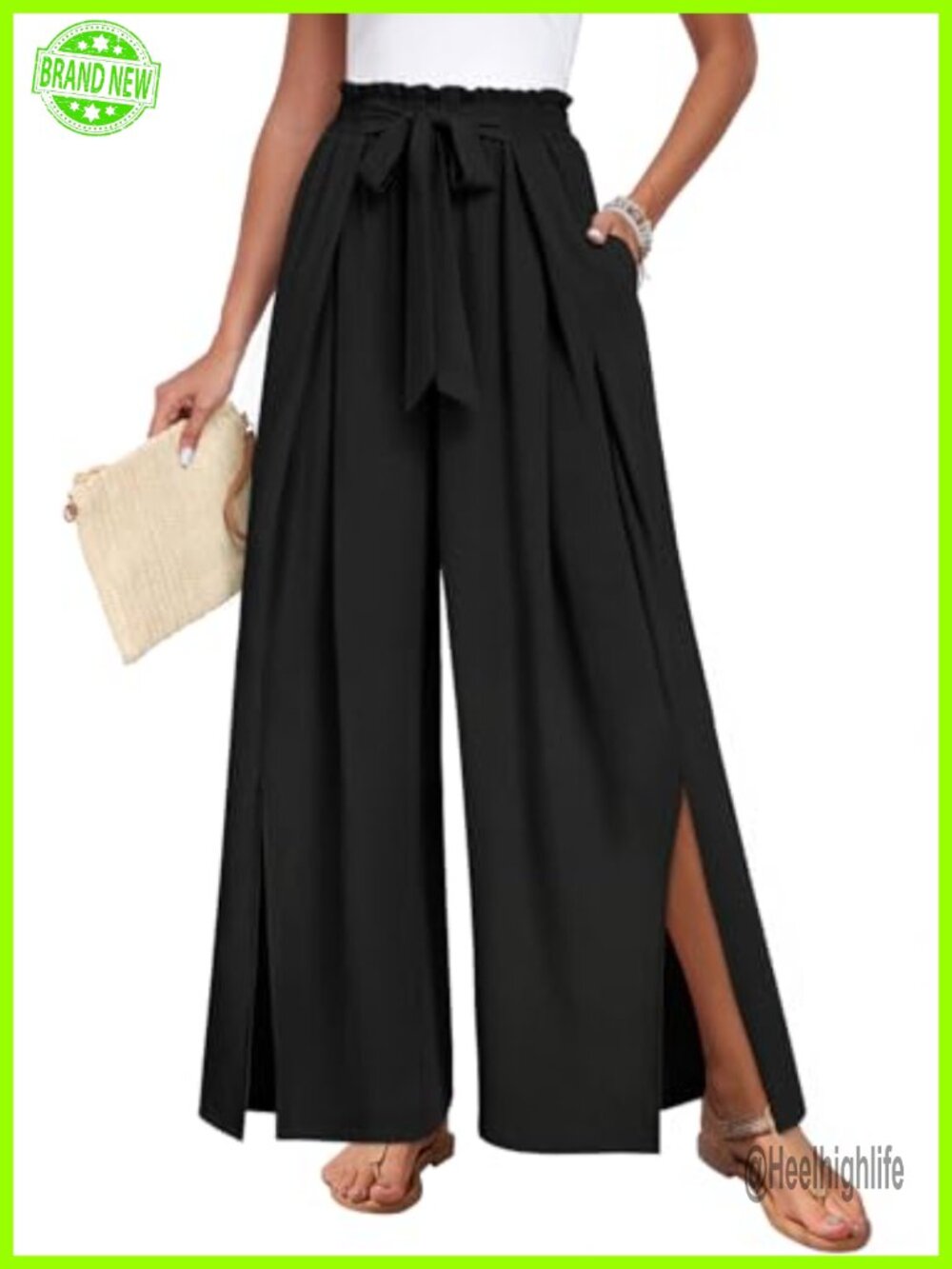 Wide Leg Slit Pants High Waist Flowy Palazzo Trousers with Pockets